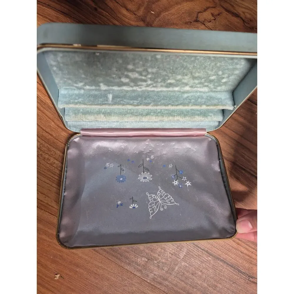 VTG Farrington Jewelry Box Blue Texol Velvet Interior Butterfly Case Flowers 50s